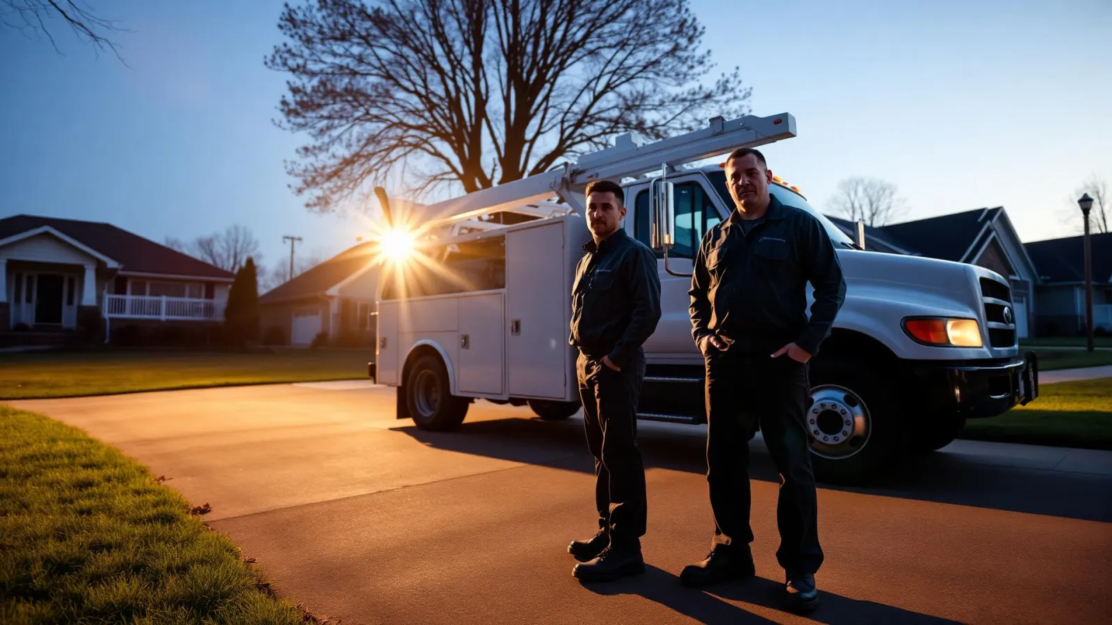 Two DDM Irrigation technicians standing beside a service truck in an eastern Iowa neighborhood at first light