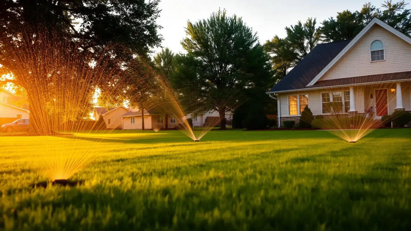 In-ground sprinklers watering a suburban eastern Iowa front lawn at golden hour